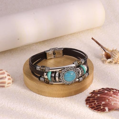 INENIMARTJ Western Turquoise Leather Wrap Bracelets for Men Women Boho Multilayer Turquoise Cuff Wrap Bracelet Western Bracelet Jewelry for Men and Woman - color: brown