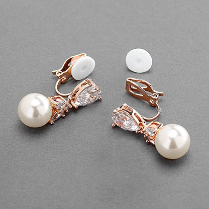 Mariell Clip-On Pearl Drop Bridal Earrings with Cubic Zirconia Crystals and Ivory Pearls For Brides, Bridesmaids, Weddings, Jewelry Gift for Women - color: Rose Gold