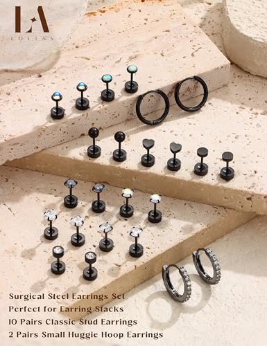 LOLIAS Hypoallergenic Flat Back Earrings for Women-Surgical Steel Earrings for Sensitive Ears 20G Stainless Steel Earring Stacks Small Flatback Stud Hoop Cartilage Earring - color: Black