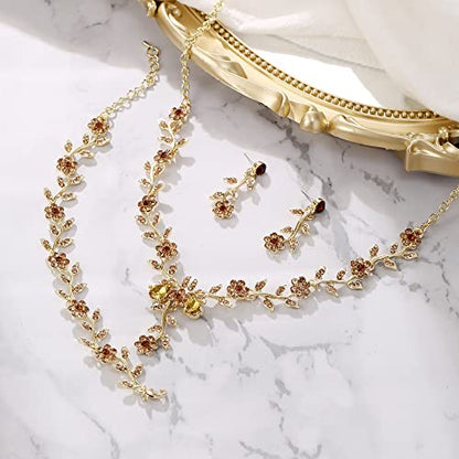 Women's Wedding Jewelry Set for Bride,Prom Bridal Accessories | Bling Crystal,Flower Leaf Cluster,Dangle Earrings Pendant Necklace Set,for Bridesmaid,Party Jewellery - color: 3Pcs-Champagne Gold-Plated-Base