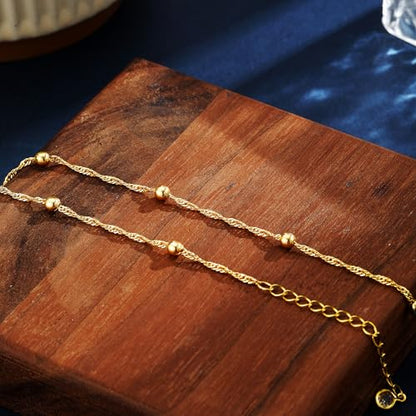 CAROVO Gold Ankle Bracelets for Women Waterproof,14K Gold Plated Bead Leaf Heart Dot Satellite Chain Layered Anklets Non Tarnish Summer Beach Jewelry Gift for Women - style: B: Bead
