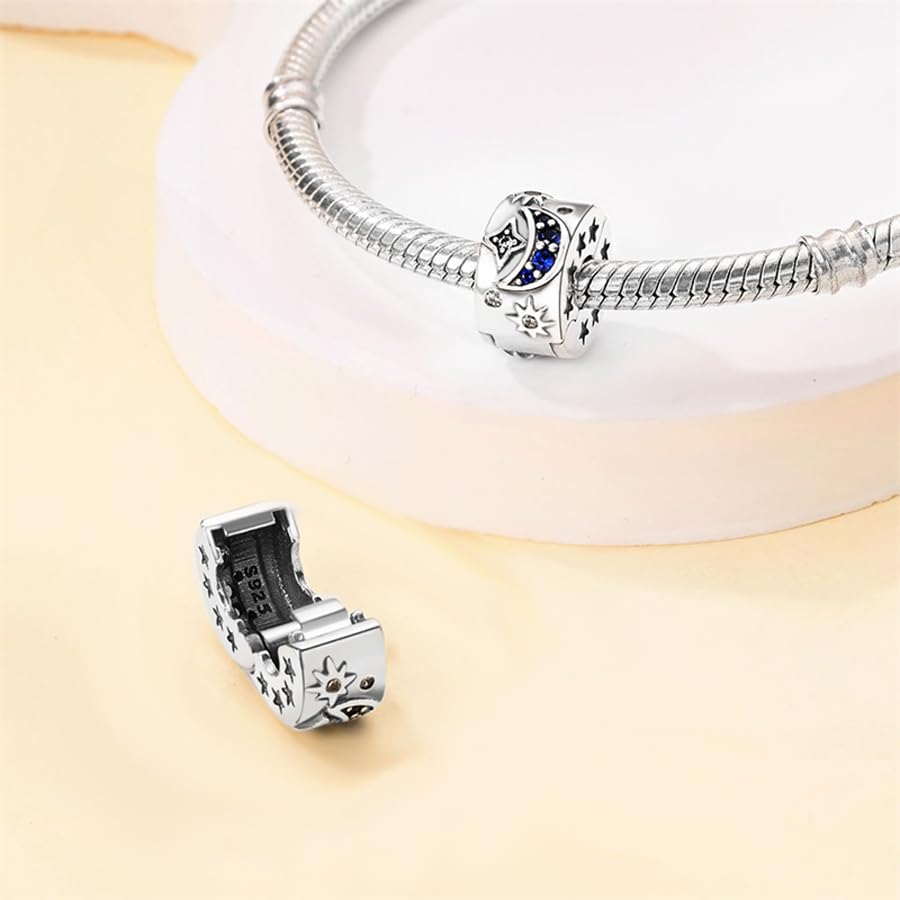 925 Sterling Silver Openable Clip Spacer Bead Fits Pandora Bracelet | Hypoallergenic Clip Stopper Charm, Star Clover Butterfly Floral Mom Heart Paved Zircon Gift for DIY Charm Bracelet Jewelry - color: Blue Zircon Moon Star