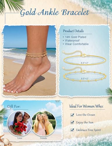 Gold Anklet Set for Women, Layered Beach Anklets | Layered gold-tone ankle bracelets, designed for beach days, vacations, and summer wear - style: Gold Anklet 2