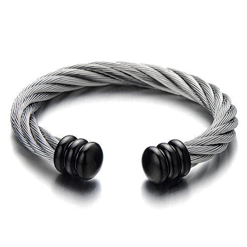COOLSTEELANDBEYOND Large Elastic Adjustable Steel Twisted Wire Cuff Bangle Bracelet for Men Women - color: E-Metal Color: Silver & Black