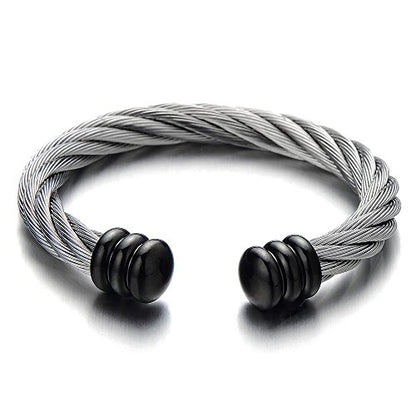COOLSTEELANDBEYOND Large Elastic Adjustable Steel Twisted Wire Cuff Bangle Bracelet for Men Women - color: E-Metal Color: Silver & Black