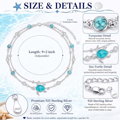 Midir&Etain Beach Anklet Sterling Silver Ocean Layered Rosary Anklet Turquoise Bracelet Double Chain Jewelry Summer Vacation Gift for Women Her - color: Turtle