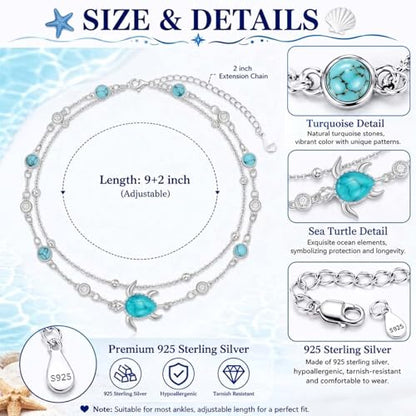 Midir&Etain Beach Anklet Sterling Silver Ocean Layered Rosary Anklet Turquoise Bracelet Double Chain Jewelry Summer Vacation Gift for Women Her - color: Turtle