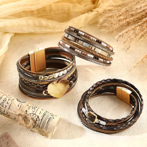 Inbagi 3 Pcs Bohemian Bracelet for Women Faux Leather Cuff Bracelet Heart Rhinestone Bead Multi Layer Western Jewelry Crystal Wristbands - style: Bohemian