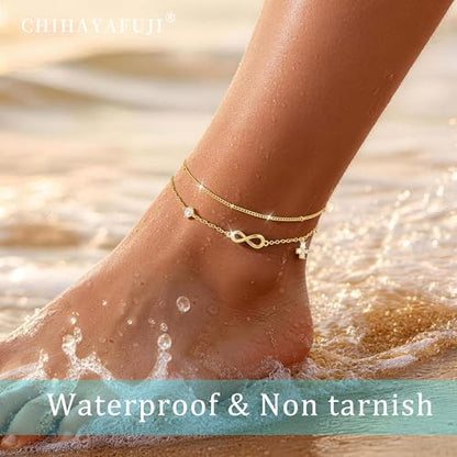 Sterling Silver Ankle Bracelets for Women Gold Waterproof Non Tarnish Beaded Chain Layered Stacking Dainty Butterfly Plus Size Large Anklet Summer Beach Vacation Jewelry Gift - color: gold1