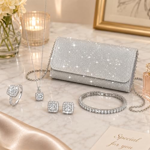5 Pcs Rhinestone Jewelry Set for Women, Bling Crystal Clutch Purse Necklace Bracelet Earrings & Ring, Elegant Bridal Wedding Accessory Set for Bridesmaids Prom Evening Party