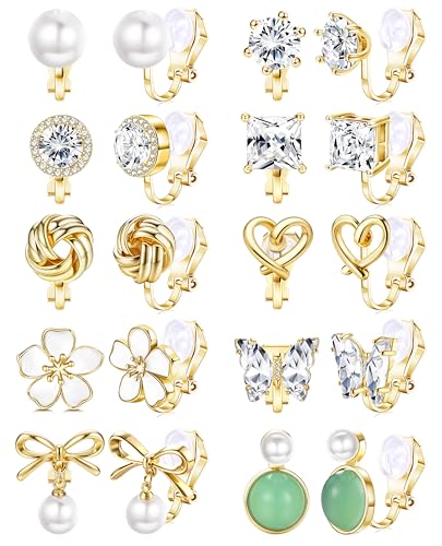 THUNARAZ 10Pairs Clip On Earrings for Women Lightweight Non Pierced Set | Hypoallergenic Gold Stud Earrings,Fake Earrings Set,Cute Pearl CZ Flower Cat Heart,Secure Clip Fit,Extra Soft Silicone Pads - style: goldA
