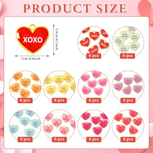 60Pcs Valentine Charms Valentines Day Heart Candy Alloy Pendants | Enamel Valentine Heart Charms, Conversation Heart Charms Collection, Text Engraved Designs, Festival Theme Accessories - style: Valentine Heart Charms