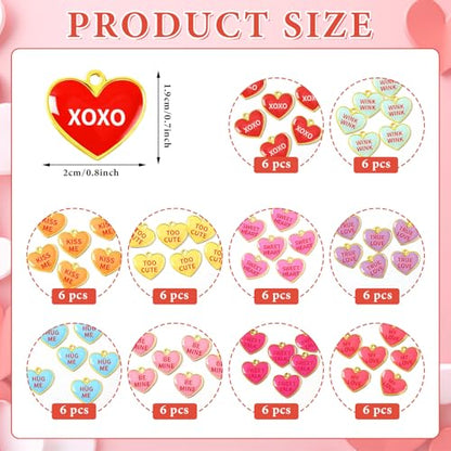 60Pcs Valentine Charms Valentines Day Heart Candy Alloy Pendants | Enamel Valentine Heart Charms, Conversation Heart Charms Collection, Text Engraved Designs, Festival Theme Accessories - style: Valentine Heart Charms