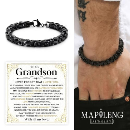 Grandson Gifts from Grandma Grandpa, Black Stainless Steel Bracelet with Meaningful Message Card, Birthday Gift for Grandson, Graduation Christmas Gift, Inspirational Keepsake Jewelry for Men - color: Grandson #2