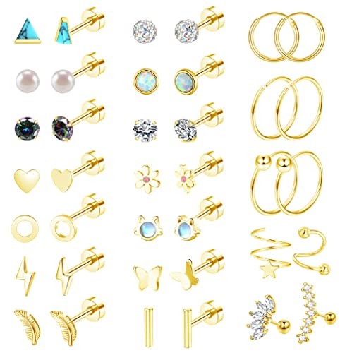 MJust 18 Pairs Earrings Set – Flat Back Stud Hypoallergenic 20G Steel stud | 18 Pairs Flat Back Earrings Set – Hypoallergenic 316L Steel Studs for Cartilage & Lobe Piercings - color: Aureate