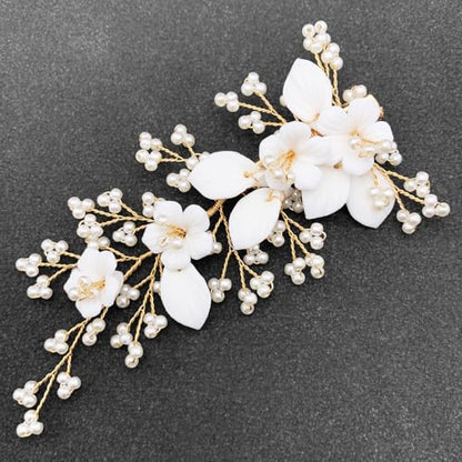 White Bridal Hair Clip Wedding Pearl Ceramic Flower Leaf Hair Piece Accessories for Women Girls