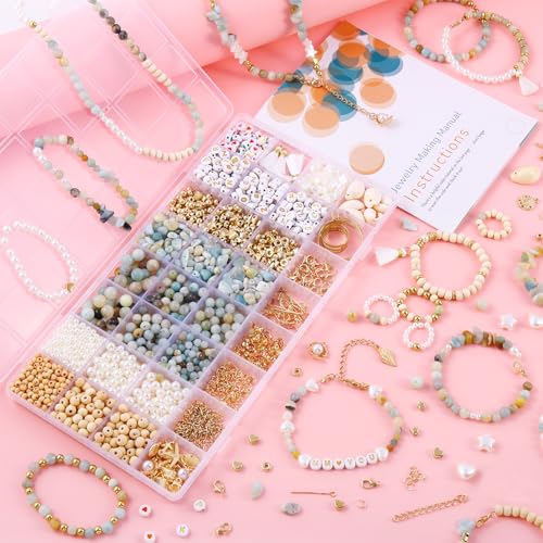 Wurosi 1927PCS Jewelry Making Supplies Kit for Adults,Natural Stone Beads | for Irregular Natural Stone, Charm Bracelet Making Kit, Complete Craft Kit for DIY Bracelet/Necklace/Earring/Rings - color: 1927 Pcs Cyan Bracelet Kit