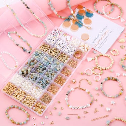 Wurosi 1927PCS Jewelry Making Supplies Kit for Adults,Natural Stone Beads | for Irregular Natural Stone, Charm Bracelet Making Kit, Complete Craft Kit for DIY Bracelet/Necklace/Earring/Rings - color: 1927 Pcs Cyan Bracelet Kit