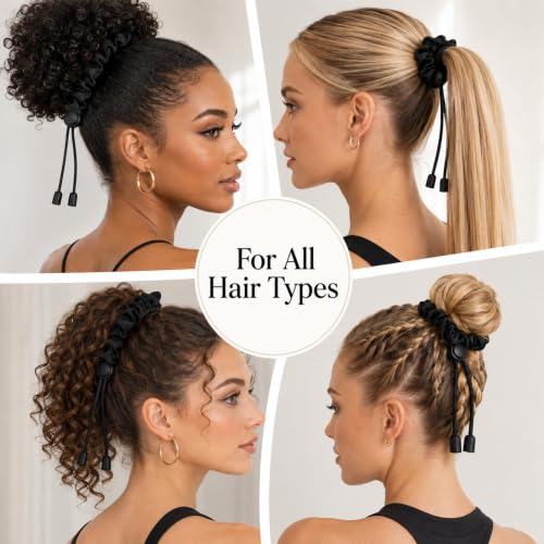 6Pcs Black Adjust Satin Hair Tie, Adjustable Black Hair Ties Satin Scrunchies Elastic Satins Headband for Women Girls Afro Puff Thick Curly Hairs Adjustable Loc Accessories for Blacks Women