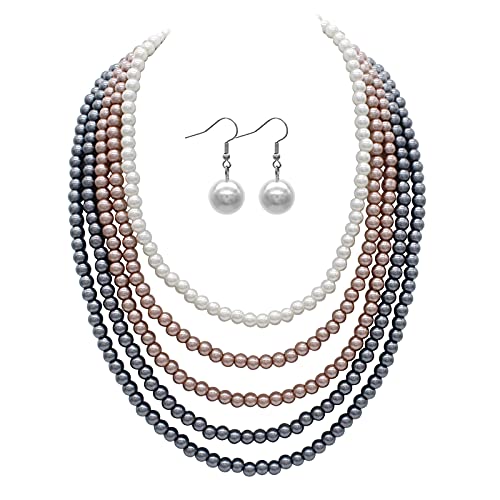 JNF 1920s Pearl Necklace for Women Long Chunky Big Pearl Strands Flapper Beaded Necklaces Imitation Faux Pearls Gatsby Vintage Costume Jewelry 80'' Long - color: 5 strands pearl necklace