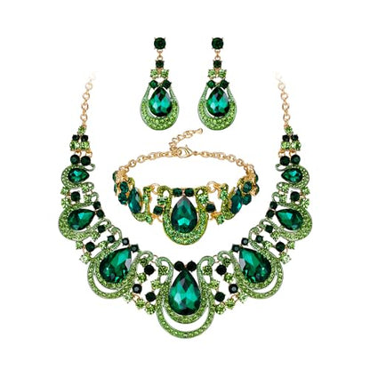BriLove Women's Teardrop Crystal Statement Necklace Cluster Hollow Dangle Earrings Chain Bracelet Bib Jewellery Set for Wedding Bride Bridesmaid - color: Emerald Color Gold-Tone