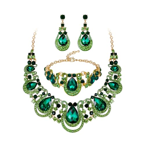 BriLove Women's Teardrop Crystal Statement Necklace Cluster Hollow Dangle Earrings Chain Bracelet Bib Jewellery Set for Wedding Bride Bridesmaid - color: Emerald Color Gold-Tone