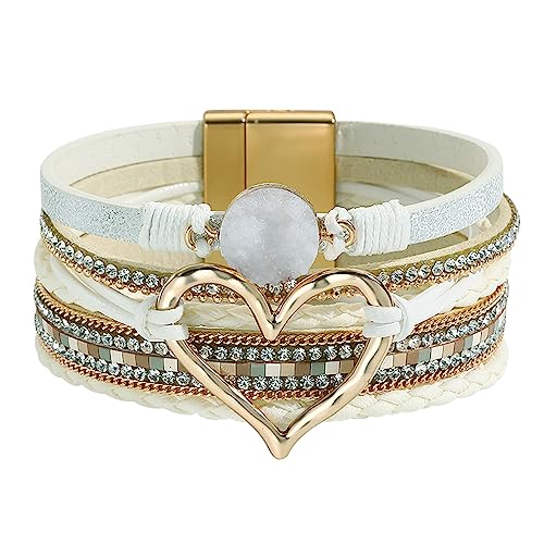 Womens Love Heart Leather Wrap Bracelet Multi-layer Stacked Bangle | Magnetic Clasp Soft PU Leather Resin Stone Rhinestone Boho Style Birthday Valentine Christmas Bohemian Jewelry Gift - color: White