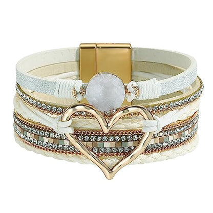 Womens Love Heart Leather Wrap Bracelet Multi-layer Stacked Bangle | Magnetic Clasp Soft PU Leather Resin Stone Rhinestone Boho Style Birthday Valentine Christmas Bohemian Jewelry Gift - color: White