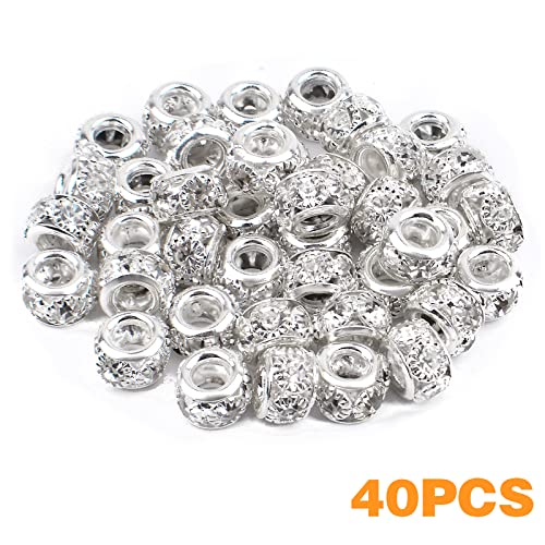 BronaGrand 40 Pieces 8mm Large Hole Rhinestone Beads Crystal Rondelle Spacer Beads Loose Charm Beads for European Bracelet DIY Jewelry Making, Silver - color: Silver, size: 8MM