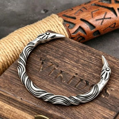 Raven Torc Bracelet for Men Norse Viking Raven Bangle Adjustable Stainless Steel Twisted Viking Jewelry - color: Silver