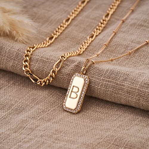 Gold Initial Necklace for Women 14K Gold Plated Figaro Chain Choker Layered Necklaces Set Bar Rectangle Pendant Necklaces Simple Dainty Letter Necklace Everyday Gold Jewelry - style: Letter B