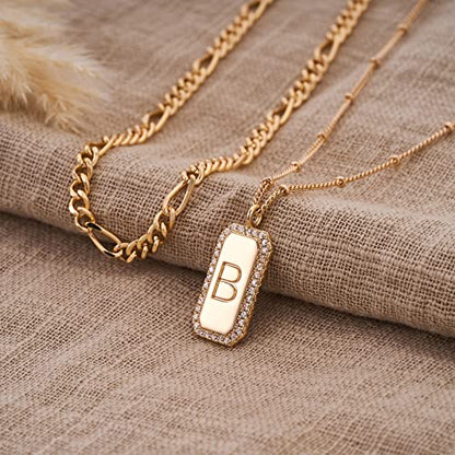 Gold Initial Necklace for Women 14K Gold Plated Figaro Chain Choker Layered Necklaces Set Bar Rectangle Pendant Necklaces Simple Dainty Letter Necklace Everyday Gold Jewelry - style: Letter B
