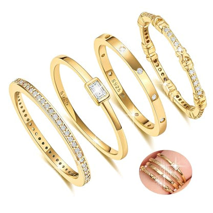 EXGOX Dainty Stackable Gold Rings - 14K Gold Plated, Non Tarnish Cubic Zirconia Stacking & Thumb Knuckle Rings (4pcs Size 7-11) - color: 4Pcs Thin Rings, size: 11