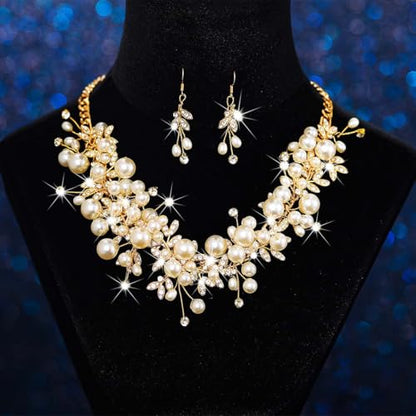 Sixexey Bridal Wedding Jewelry Set Gold Pearl Necklace Jewelry for Women | Crystal Rhinestone Necklace and Earrings Prom Costume Jewelry for Women and Brides