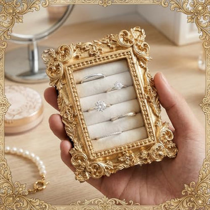 Picture Frame Ring Holder, Rectangle Vintage Ring Holder Gold Velvet Display Stand Frame Earring Tray Anniversary Engagement Baroque Organizer for Women Birthday Christmas Gift Photograph Prop