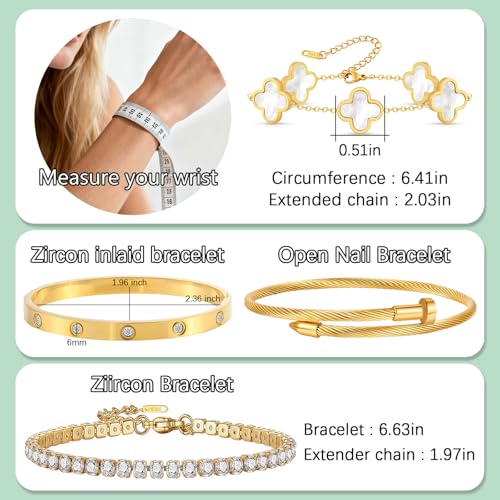 Gold Bracelets for Women, 18K Gold Plated Women Tennis Bracelets Clover Nail Love Bangle Bracelet Set, Gold Bracelet Stackable Set Trendy Jewelry, Gifts for Women's Day and Mother's Day - color: 09-Color- 4 White