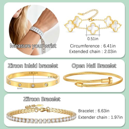 Gold Bracelets for Women, 18K Gold Plated Women Tennis Bracelets Clover Nail Love Bangle Bracelet Set, Gold Bracelet Stackable Set Trendy Jewelry, Gifts for Women's Day and Mother's Day - color: 09-Color- 4 White