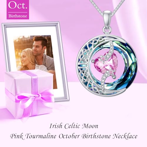 TOUPOP Birthstone Necklace Women Sterling Silver Moon Star Birthday Jewelry | Celtic Moon Pendant with Blue Crystal Anniversary Christmas Jewelry Gifts for Wife Mom Her - color: A-07-Ruby