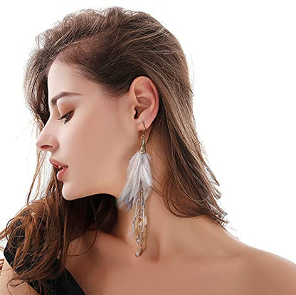 Bohemian Feather Dangle Earrings for Women with Shell Beads Long Tassel Design Drop Earrings - style: Style-Light Gray