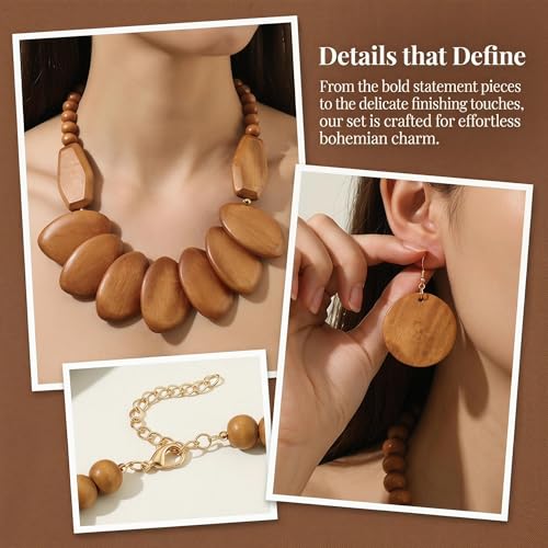 Coiris Chunky Wooden Necklace and Earring Set for Women Boho Statement Jewelry Ethnic Accessories - color: Wood