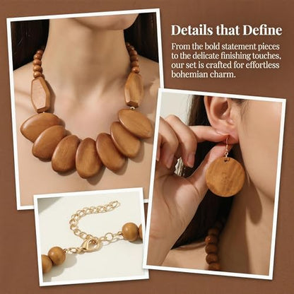Coiris Chunky Wooden Necklace and Earring Set for Women Boho Statement Jewelry Ethnic Accessories - color: Wood