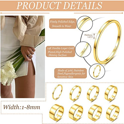 LOYALLOOK 8Pcs Gold Rings Stainless Steel Stacking Rings for Women Statement Bands Plain Finger Ring Thumb Pointer Ring Stackable Thin Gold Ring Set Comfort Fit Size 5 to 10 - style: Style A