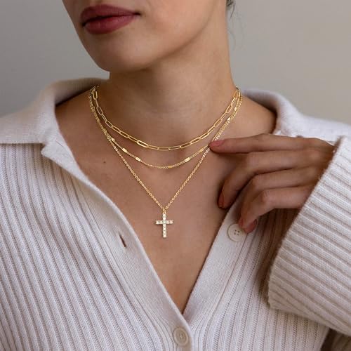 Poxtex Layered Gold Necklaces for Women, Stackable Dainty 14K Gold Silver Plated Trendy Simple Heart Diamond Cross Bow Circle Pendant Paperclip Choker Dot Chain Necklace,Jewelry Set Gifts for Women - color: Gold, style: Cross2