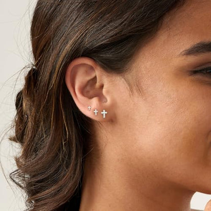 3 Pair Tiny Flat Back Earrings for Women - 14K Gold/White Gold Plated Dainty Cute Small Screw Flatback Stud Earring, Everyday Wear Gift - color: Cross-Flat 4/5/6mm Silver
