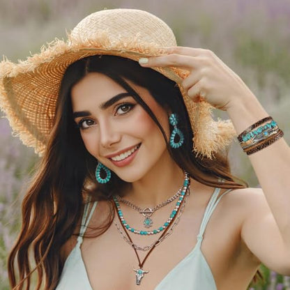 RechicGu Western Jewelry For Women Bohemian Turquoise Dangle Earrings Necklace Bracelet Set, Bullhead Pendant Layered Choker Boho Faux Leather Wristband Country Concert Cowgirl Accessories - color: Jewelry Set C