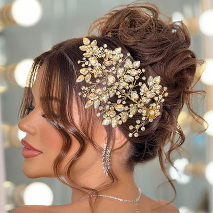 Wedding Hair Pieces for Brides, Rhinestone Bride Headpiece, Handmade Bridal Hair Accessories(Champagne) - color: Champagne