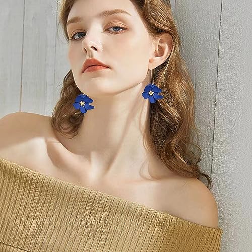 Bohemian Daisy Flower Matte Floral Long Petal Drop Dangle Earrings Layered Tiered for Women Chic Boho Wedding Jewelry - color: Dark Blue