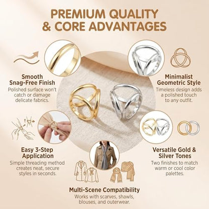 2Pcs Women Three Rings Silk Scarves Clip Fashion Scarves Buckle Scarf Ring Wrap Holder Clamp (Silver+Golden)