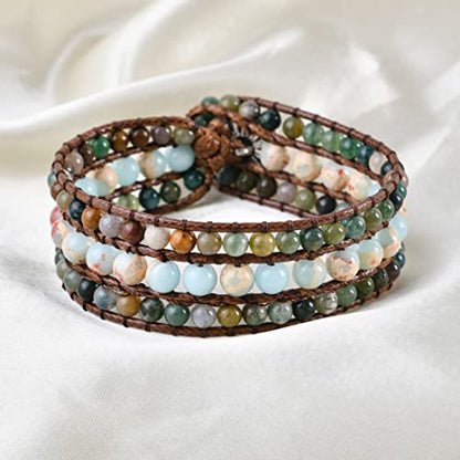 YGLINE Boho Handmade Natural Stone Bead 3 Row Wide Wrap Wrist Statment Bracelet Jewelry Collection - color: Serpentine stone