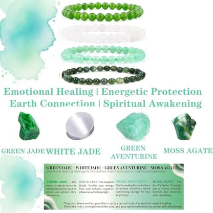 4mm 6mm 8mm Healing Crystal Bracelets for Women Men Natural Stone Beaded Stretch Bracelet Handmade Gemstone Reiki Spiritual Jewelry Gifts - color: Green Jade+White Jade+Aventurine+Moss Agate-Healing, size: 6mm